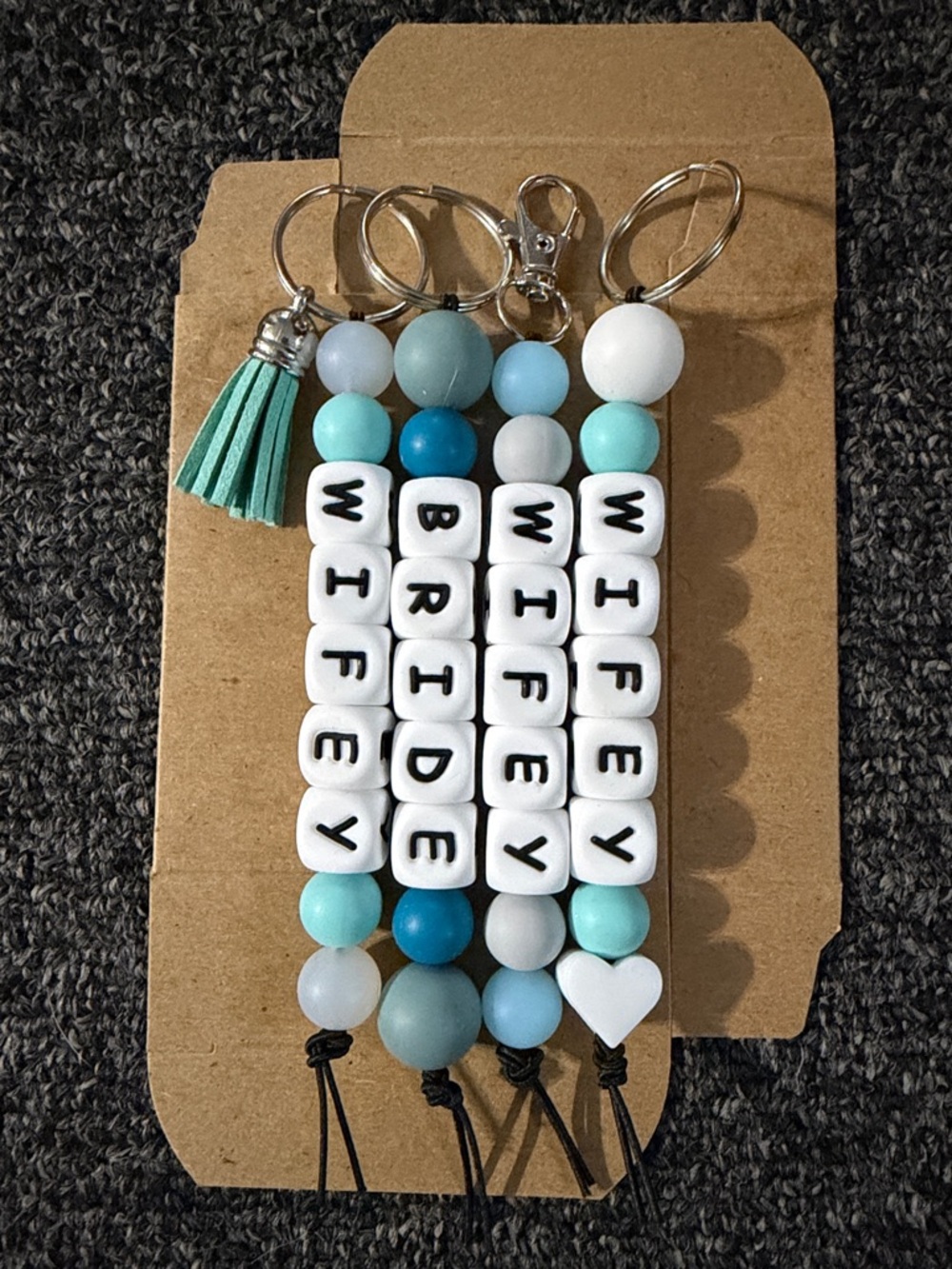 Beaded 'Wifey' and 'Bride' Keychain in Aqua & Teal